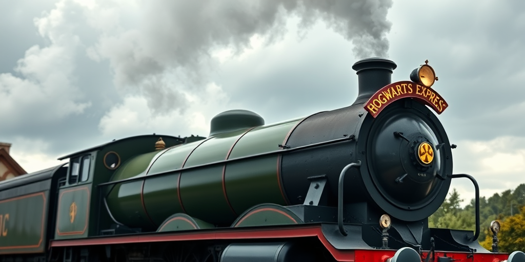 Regenerate the image of a steam locomotive with the sign "Hogwarts Express," using a Canon EOS R5 camera with a 24-70mm f/2.8 lens, capturing in a slightly low angle view, under cloudy skies, with vibrant color settings and high dynamic range for enhanced detail.