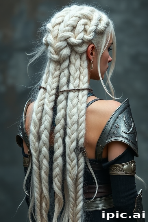 Silvery white waist-length braids adorned with metallic cuffs, dubbed "Moonlight Warrior," showcasing an ethereal, elven-inspired look with wispy tendrils
