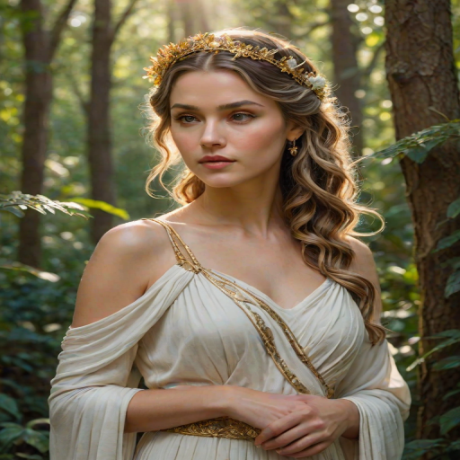 Create a portrait of a goddess-like female figure in a tranquil, forested environment. She has an elegant appearance with long, wavy hair styled in an updo and adorned with a delicate, floral headband. She wears a flowing, ancient Greek-inspired gown in a soft, pale color, featuring a one-shoulder design and draped fabric that accentuates her graceful form. The outfit includes a decorative belt with ornate gold detailing, and she holds a bow in her hand, with a quiver of arrows slung over her shoulder. The background depicts lush greenery, with sunlight filtering through the trees, casting a gentle, ethereal light on the scene. Her expression is calm and contemplative, embodying a sense of wisdom and serenity.