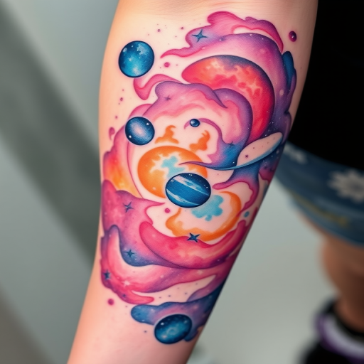 Cosmic watercolor galaxy tattoo dubbed "Nebula Dreams" depicting a vibrant space scene with swirling nebulae stars and planets blending seamlessly into the skin soft washes of color create depth and dimension while white ink highlights add a sparkling quality to the celestial design