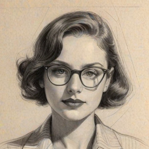 Sublime Rachel Zegler, pencil sketch, portrait of Radiant woman 1932s in glasses, hair style beatnik, outline, clear lines, fine lines, 8k