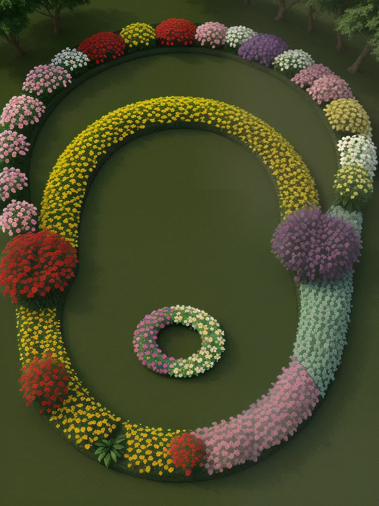 A Colorful Floral Design Arranged in a Unique Spiral Pattern Outdoors.