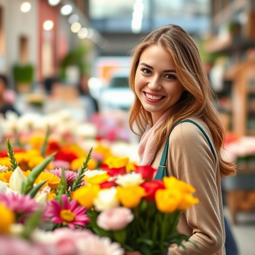 Soft-focus image of a woman shopping for fresh flowers at a local market, surrounded by vibrant colors and fragrant scents, her excitement softly captured in her smile.