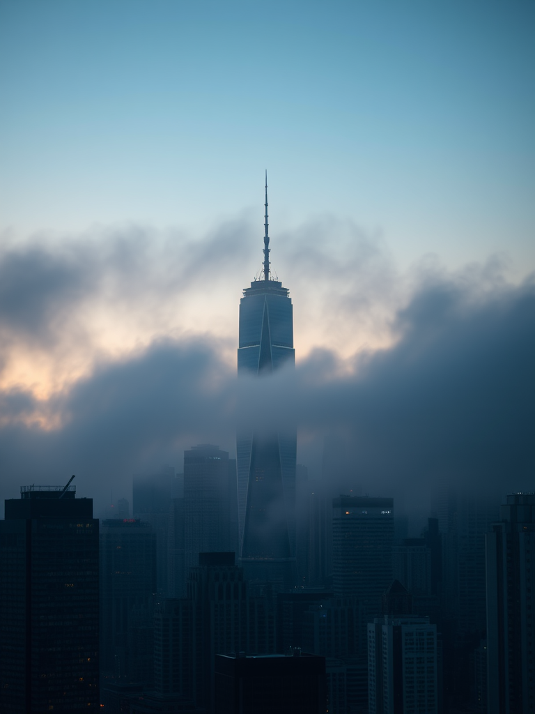 high-resolution image of a city skyline shrouded in fog during twilight, focus on tall skyscrapers partially obscured by mist, soft bokeh effect, shot with a Canon EOS R5, 50mm lens, f/1.8, ISO 400, shutter speed 1/50 sec, high dynamic range, elevated perspective for depth