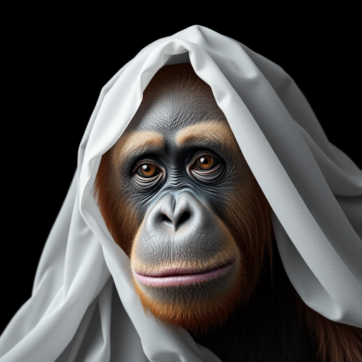 A hyper-realistic digital portrait of an orangutan with fabric draped over its head. The fabric is sheer and lightweight, allowing the contours of the orangutan’s face to show through, including its ears, eyes, and nose. The texture of the fabric is smooth and flowing, with delicate folds and creases that suggest softness and movement. The orangutan’s expression is serene and contemplative. The image focuses on the interplay of light and shadow on the fabric and the orangutan's face, creating a monochromatic palette of whites and grays. The background is a simple, nondescript dark shade to highlight the subject.