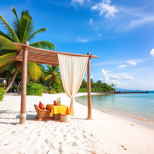 Create a picturesque tropical beach scene featuring a serene, white sandy shore. In the foreground, there's a rustic wooden canopy with white drapes gently flowing in the breeze. Underneath the canopy, a table is set with tropical decor, evoking a sense of relaxation and leisure. The beach extends into a calm, shallow water area with reflections of the sky and surroundings. Palm trees and lush greenery line the edge of the beach, providing a natural, tropical backdrop. The sky is clear with a few scattered clouds, and the overall atmosphere is tranquil and inviting, perfect for a peaceful retreat.
