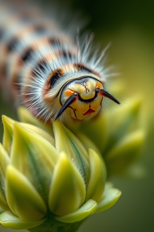 Close-up of a furry caterpillar feeding on a green flower bud, with a shallow depth of field, captured with a macro lens, aperture f/2.8, shutter speed 1/250 sec, ISO 100, natural light, DSLR camera, focused on the caterpillar, vibrant colors and sharp details.