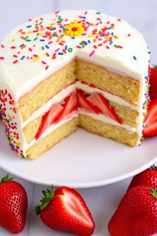 A delicious layered cake with a creamy white frosting and colorful sprinkles on top served on a white plate with a slice cut out revealing strawberry and vanilla layers accompanied by fresh strawberries on the side.