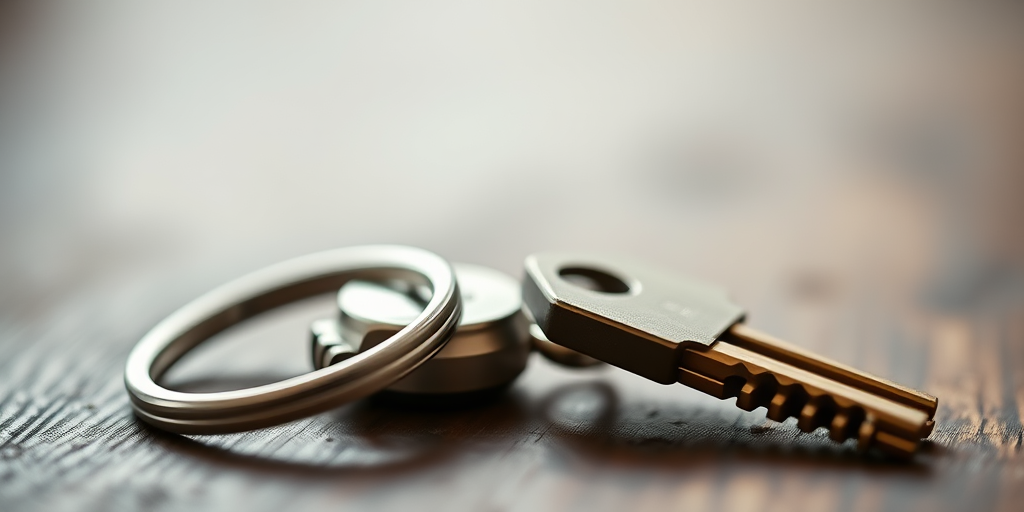 Create a high-resolution image of an oversized keyring with two keys attached, using a macro lens, 50mm f/2.8 aperture, natural soft lighting, and a shallow depth of field to enhance details and textures.