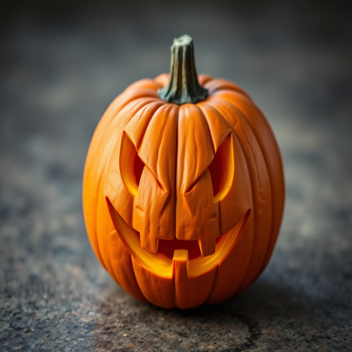 A carved Halloween pumpkin with a mischievous grin on a textured background, captured with a DSLR camera, 50mm lens, f/1.8 aperture, ISO 100, soft natural lighting, shallow depth of field.