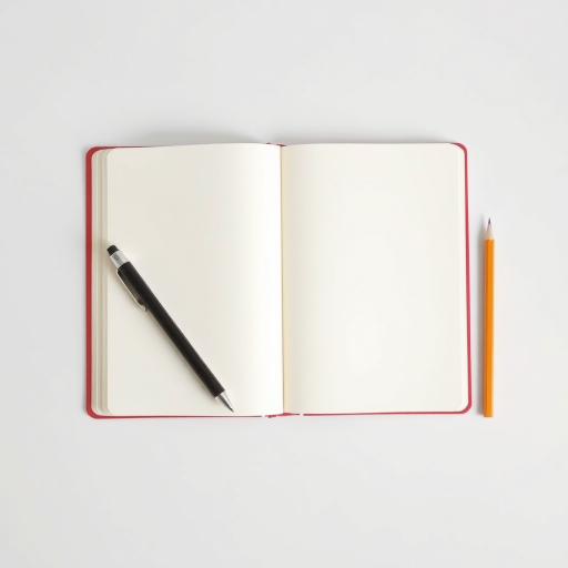 a blank open notebook with empty pages on a white background, accompanied by a pen and a pencil on the side