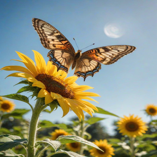 Soft-focus image of a butterfly landing on a sunflower in a sunlit garden, with bright green leaves and a blue sky softly blurred in the background, creating a peaceful summer atmosphere.