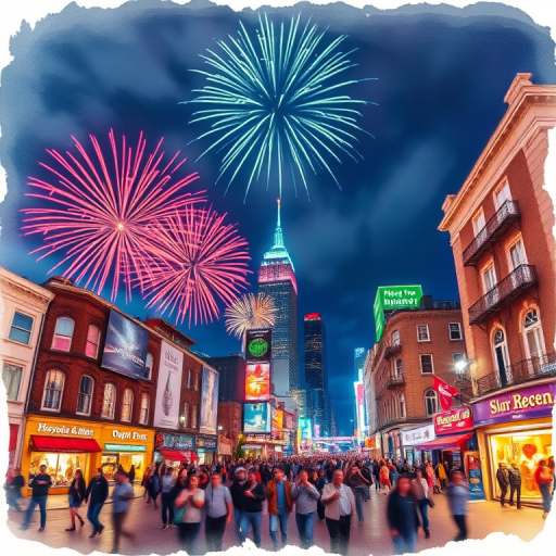 Regenerate a vibrant cityscape at night featuring colorful fireworks in the sky, with people celebrating on the streets, captured using a DSLR camera with a 24mm lens at f/8 aperture, ISO 200, and a long exposure of 2 seconds, in a watercolor style.