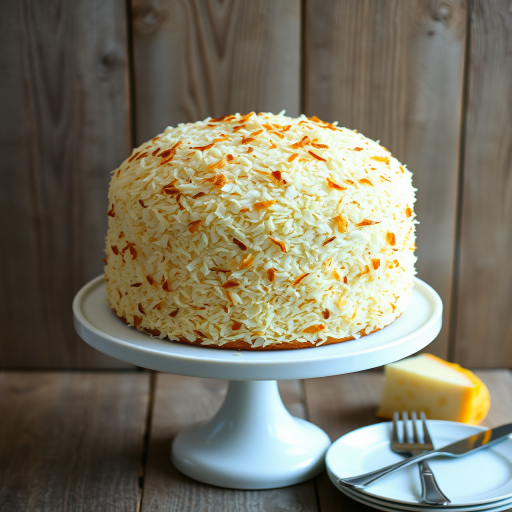 A tall round coconut cake covered in toasted coconut flakes on a white cake stand with a rustic wooden background and a plate with utensils nearby.