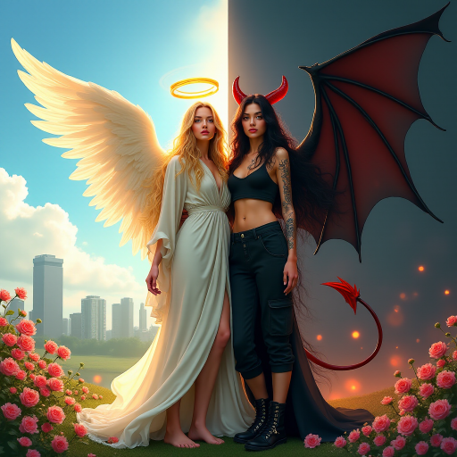 Create an image with a split composition, half representing an angel and half a demon. The angel is on the left, depicted with long, flowing blonde hair, a golden halo above her head, and wearing a white robe. She has large, feathered wings, and she's barefoot, standing amidst blooming flowers with a cityscape in the background under a clear blue sky with a few clouds. The demon is on the right, featuring long, wavy black and red hair, red horns on her head, and wearing a black crop top and black cargo pants. She has large, bat-like wings with red and black hues, and is wearing black combat boots. Her skin is adorned with tattoos. The background on the demon's side is dark and smoky, with hints of flames and a red tail curling behind her. Both figures stand back-to-back, creating a stark contrast between light and dark, good and evil.