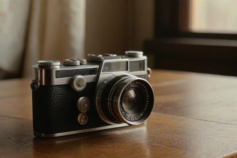 Sharp, detailed close-up of a vintage camera resting on a wooden table, soft light from a nearby window illuminating its intricate details, the smell of old leather and film lingering in the air.
