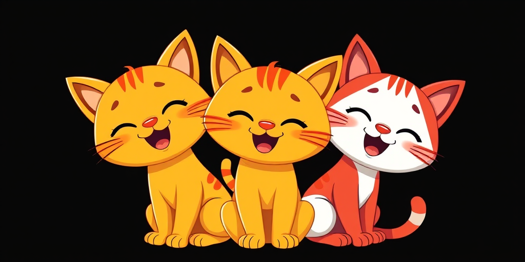 Create a colorful illustration of three cartoon cats with playful expressions, using bright orange, yellow, and red colors, set against a solid black background, shot in high-resolution with a Canon EOS R5 at f/2.8, 50mm lens, and a depth of field to enhance clarity and vibrancy.