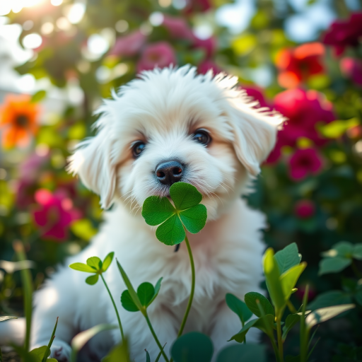 Generate a highly detailed image of a fluffy white puppy holding a four-leaf clover in its mouth, set in a vibrant garden with soft sunlight filtering through the leaves, using a DSLR camera at f/2.8 aperture, 50mm lens, shot at a low angle to emphasize the puppy's features and create a blurred background effect.