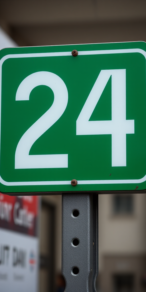Create a high-resolution image of a green rectangular sign with the number 24 prominently displayed in white, using a Canon EOS 5D Mark IV with a 50mm lens, aperture set to f/1.8, ISO 100, and a shallow depth of field for a clean background.