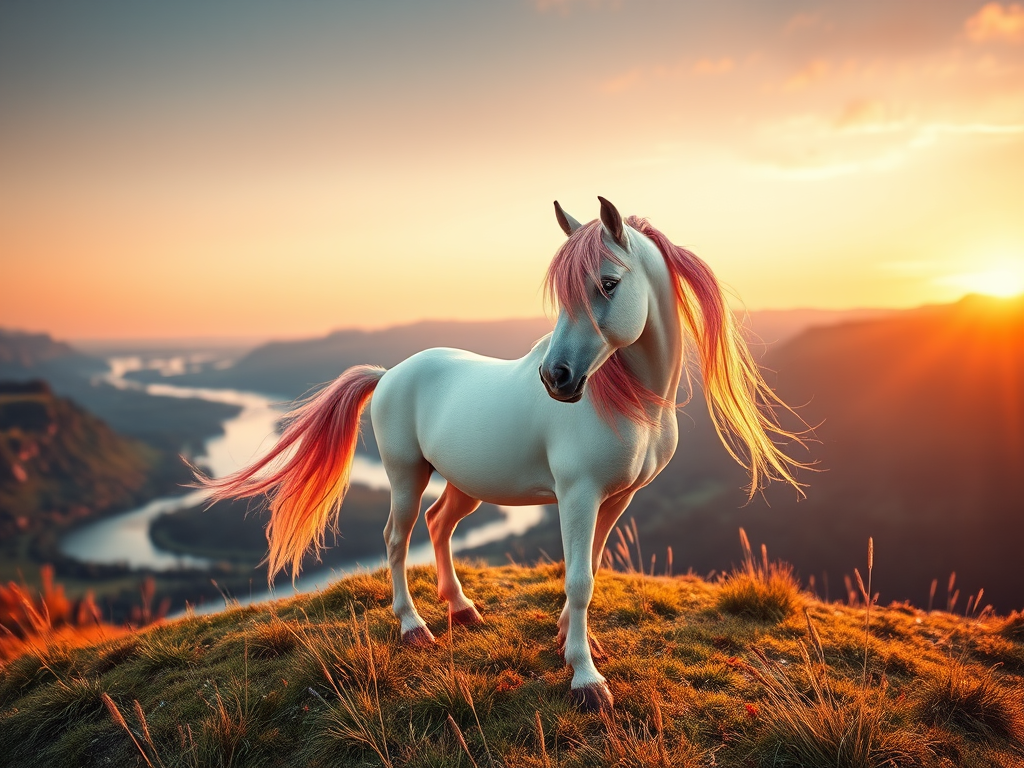 A majestic unicorn with flowing pink mane standing on a grassy hill overlooking a serene river valley at sunset, captured with a Canon EOS R5, 50mm lens, f/1.8 aperture, ISO 100, and soft focus background to enhance the vibrant colors and details.