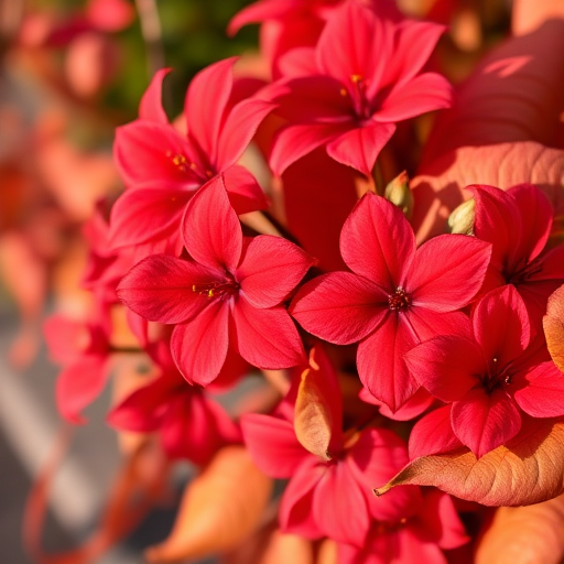 close-up shot of vibrant red flowers and autumn leaves, natural light, aperture f/2.8, ISO 100, 50mm lens, DSLR camera, vibrant colors and rich detail