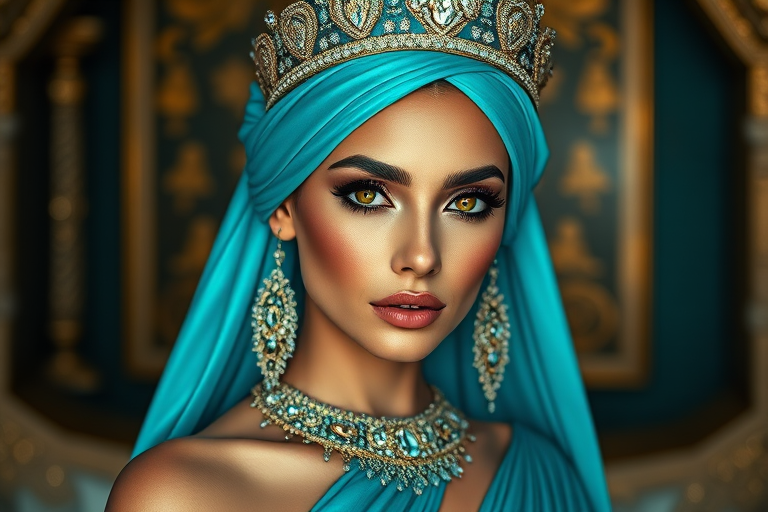 A gorgeous Coptic woman in a luxurious cyan gown, accessorized with a dazzling tiara and statement earrings, her deep Yellow eyes highlighted by impeccable makeup, poised in a royal setting, photorealistic, 8K quality