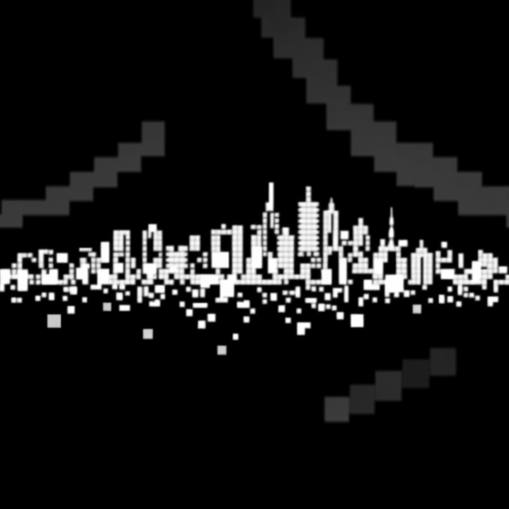 Generate an abstract digital artwork featuring a black background with white pixelated shapes resembling a city skyline, captured with a DSLR camera at ISO 100, f/2.8 aperture, 50mm lens, in a high-contrast style.
