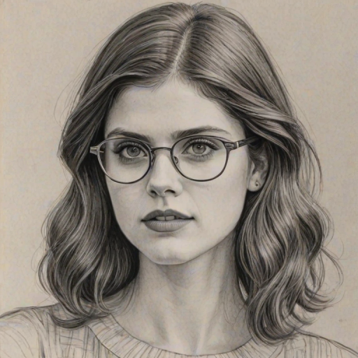 Wonderful Alexandra Daddario, pencil sketch, portrait of Splendid woman 1925s in glasses, hair style beatnik, outline, clear lines, fine lines, 8k