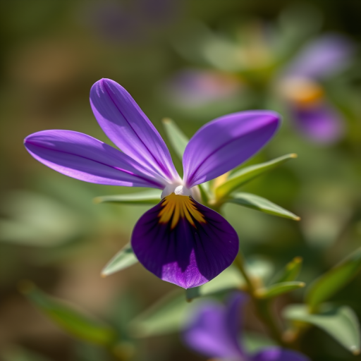 Create a high-resolution digital illustration of a purple flower with a yellow center and green leaves, using a Canon EOS R camera with a 50mm lens, aperture f/2.8, ISO 200, and a shallow depth of field to enhance the quality and focus on the flower while blurring the background.