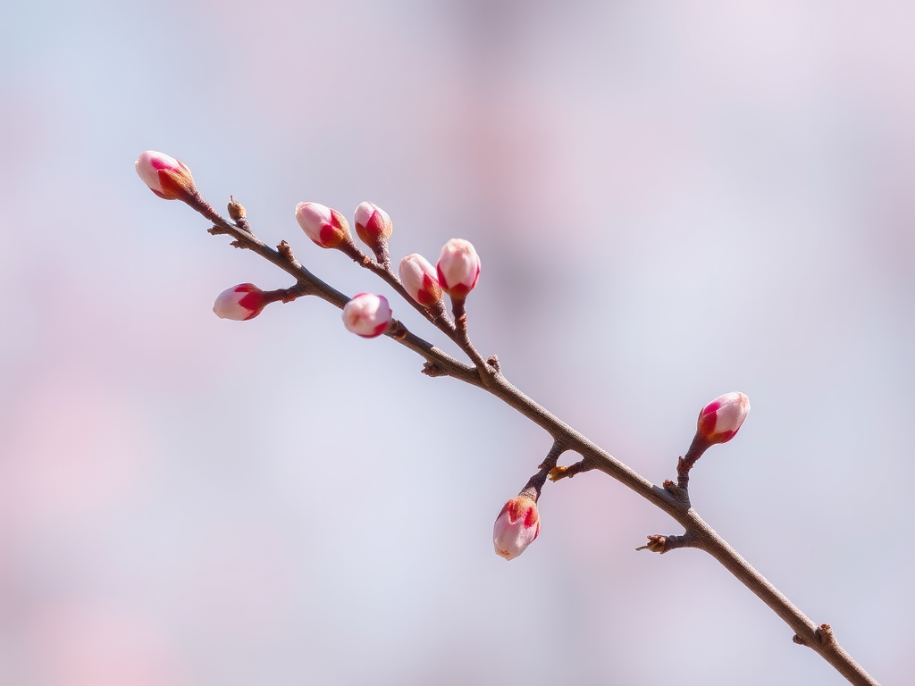 Create a high-resolution artistic depiction of a stylized pink branch with delicate buds, shot with a Canon EOS 5D Mark IV, using a 50mm f/1.8 lens at f/4.0, in a clean, soft focus background to enhance the branch's details, capturing natural light.
