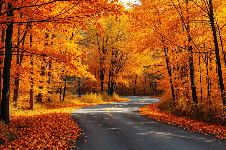a winding road surrounded by vibrant orange and yellow autumn trees with fallen leaves on the ground, soft light filtering through the canopy