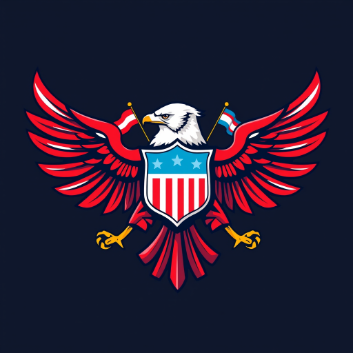 Create an illustration of a stylized eagle emblem with red, white, and blue colors, featuring a shield and two flags, using a Canon EOS R5 with a 50mm lens, f/2.8 aperture, ISO 100, in a vibrant and clear vector art style.