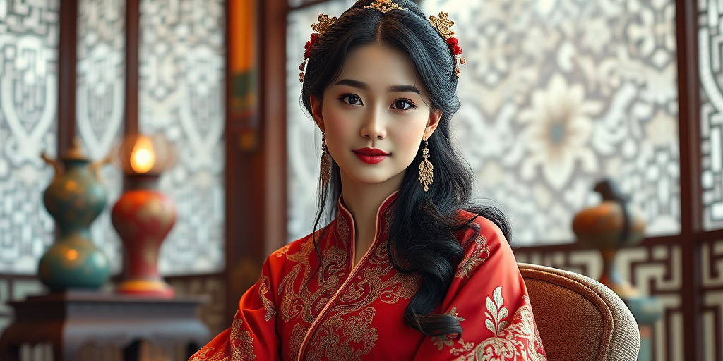 A beautiful woman in traditional East Asian attire, intricately detailed with embroidered patterns, sitting gracefully in a richly decorated room, soft ambient lighting, serene and elegant, ultra-realistic, 8K resolution