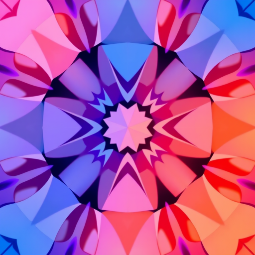 generate a high-resolution abstract geometric pattern with vibrant colors like blue, orange, purple, and pink, using a 50mm lens, f/2.8 aperture, ISO 100, capturing depth and clarity in a well-lit studio setting with a soft-focus background