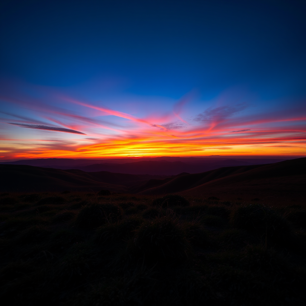 Generate a high-resolution image of a serene landscape featuring a vibrant sunset over rolling hills with a body of water in the foreground, captured with a DSLR camera at f/8 aperture, ISO 100, and a shutter speed of 1/125 sec, using a wide-angle lens from a low angle view for dramatic effect.
