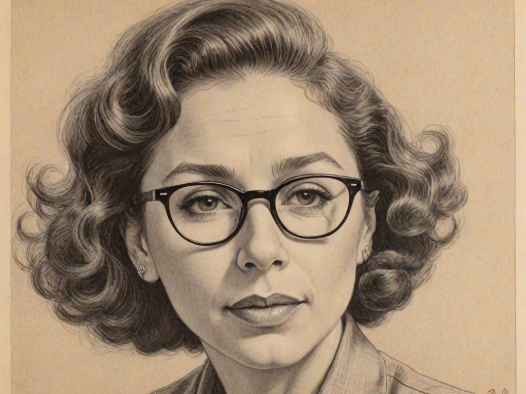 Graceful Rhea Perlman, pencil sketch, portrait of Fascinating woman 1946s in glasses, hair style beatnik, outline, clear lines, fine lines, 8k
