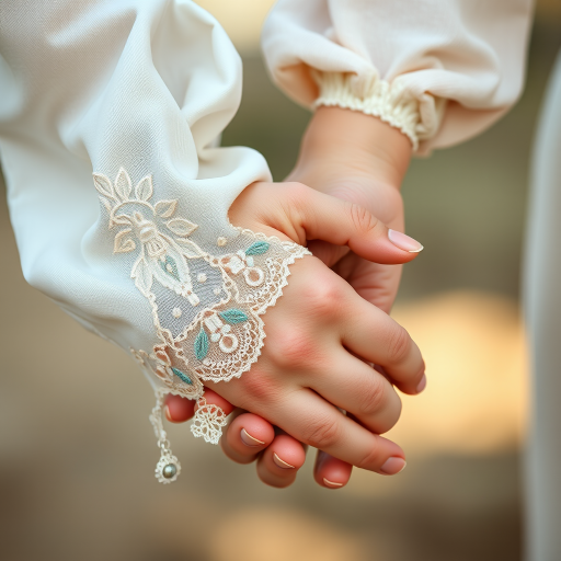 Create an image of two hands clasping together, one wearing a delicate, embroidered sleeve and the other with a plain design, shot with a Canon EOS R5, 50mm lens, f/1.8 aperture, ISO 100, natural light, with a soft focus on the background to enhance the intimacy of the moment.