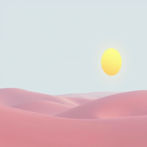 Create a minimalistic landscape with rolling hills in soft pastel pinks, a light blue sky, and a large yellow sun, using a soft-focus lens, aperture f/8 for depth of field, 50mm lens, taken at sunrise for warm lighting.