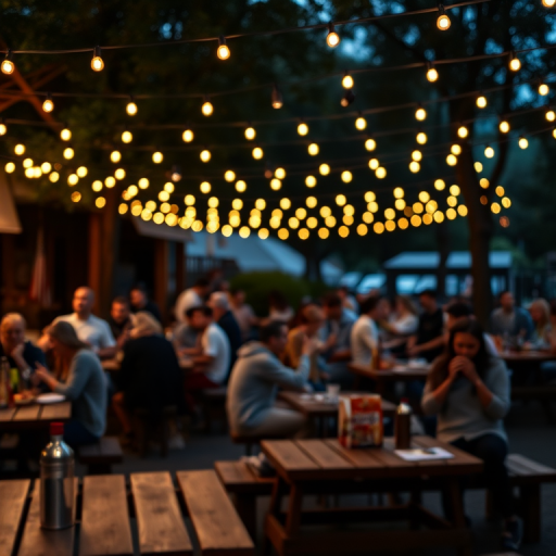 a lively outdoor dining scene at dusk with string lights illuminating the area, focus on a crowd enjoying their meals at wooden picnic tables, shallow depth of field, 50mm lens, f/1.8 aperture, ISO 200, soft bokeh background, captured with a DSLR camera