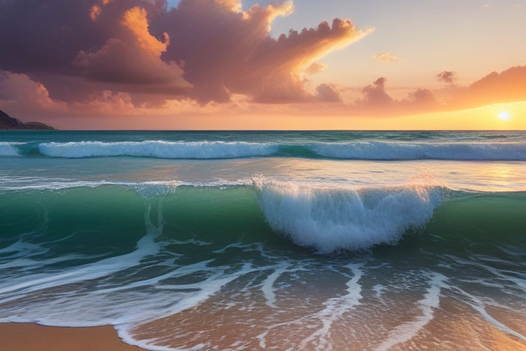 Serene Sunset Over Gentle Waves with Dramatic Clouds Above the Horizon