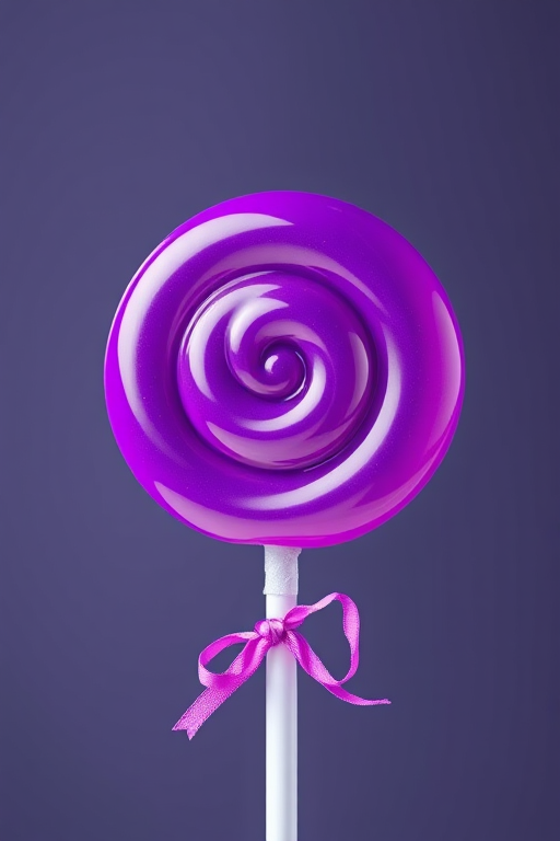create a high-resolution image of a cartoon purple lollipop with a shiny surface and a detailed wrapper, photographed from a slightly elevated angle, using a macro lens with an aperture of f/2.8, ISO 100, 1/200 sec exposure time, on a digital DSLR camera with vibrant color settings.
