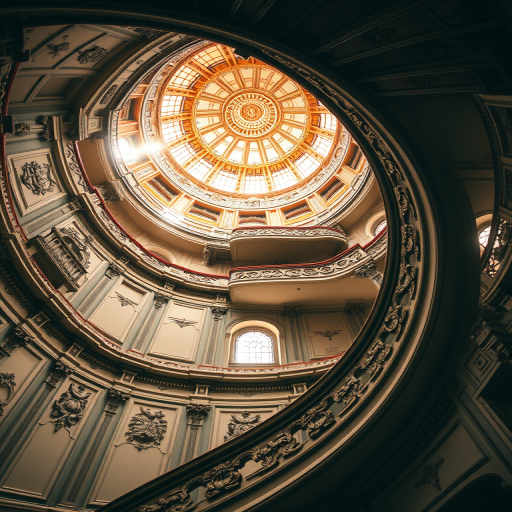Regenerate an image of a grand spiral staircase in an ornate architectural setting, featuring detailed carvings and a dome ceiling illuminated by soft rays of light, using a DSLR camera at f/1.8, ISO 100, 24mm lens, taken from a low angle perspective with soft focus on the background for depth.
