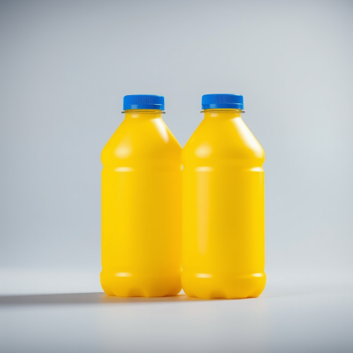 Create a high-resolution image of two yellow plastic bottles with blue caps, shot in a bright studio lighting environment, using a Canon EOS R camera, 50mm lens, f/2.8 aperture, ISO 100, and a shallow depth of field for a clean background.