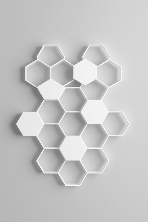 create a high-resolution image of an abstract design featuring white hexagons in a 3D arrangement on a smooth gray background, use a Canon EOS 5D Mark IV with a 50mm lens, aperture f/2.8, ISO 100, shot from a frontal view with soft diffused lighting to enhance shadows and depth