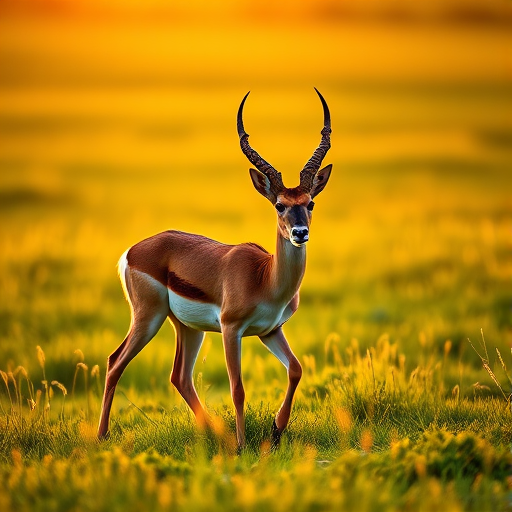 Create an image of a pronghorn antelope walking through a lush green meadow during the golden hour, shot with a Canon EOS 5D Mark IV, 50mm lens, f/2.8 aperture, ISO 200, with a shallow depth of field to blur the background.
