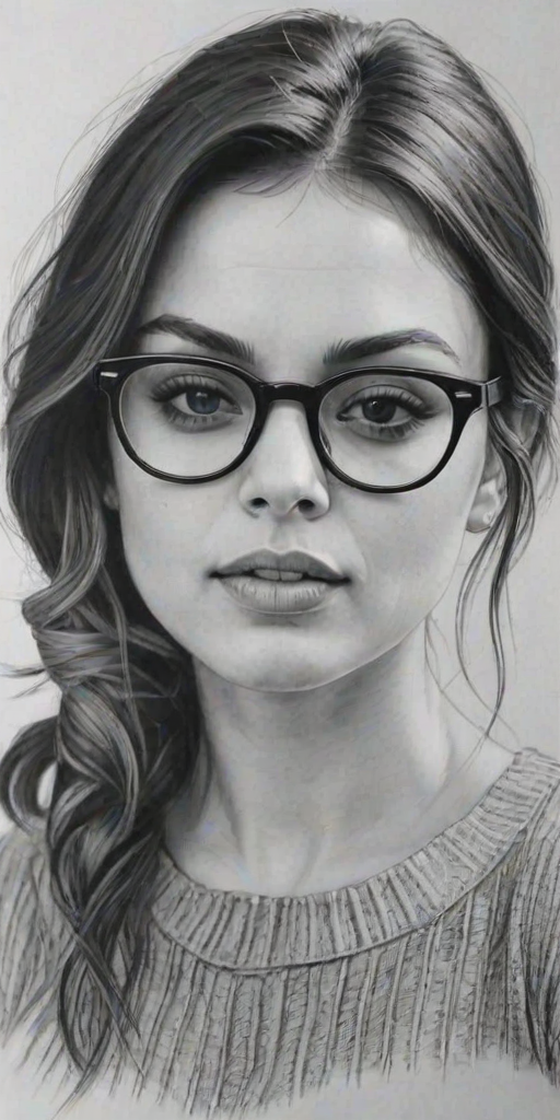 Charming Mila Kunis, pencil sketch, portrait of Lovely woman 1922s in glasses, hair style beatnik, outline, clear lines, fine lines, 8k