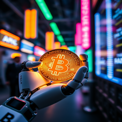 A futuristic robotic hand holding a glowing Bitcoin in a neon-lit environment, shot with a Canon EOS R5 at f/1.8, ISO 100, 50mm lens, 1/200 sec shutter speed, close-up perspective for enhanced detail and vibrant colors.