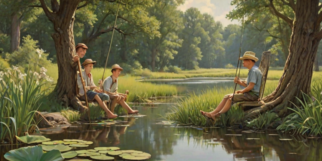 Imagine a small group of old fashioned young boys out fishing by the creek, a swing hanging from a tree branch, reeds and grasses by the water's edge, a frog sitting on a lily pad, dragonflies hovering over som water plans, a very iconic old fashioned scene reminiscent of a Norman Rockwell painting style
