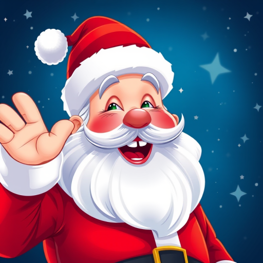 create a vibrant illustration of a cheerful Santa Claus wearing a striped red and blue hat, waving with a big smile, set against a starry night background, using a DSLR camera with a 50mm lens, aperture set at f/2.8, ISO 100, and 1/125s shutter speed for enhanced detail and color richness