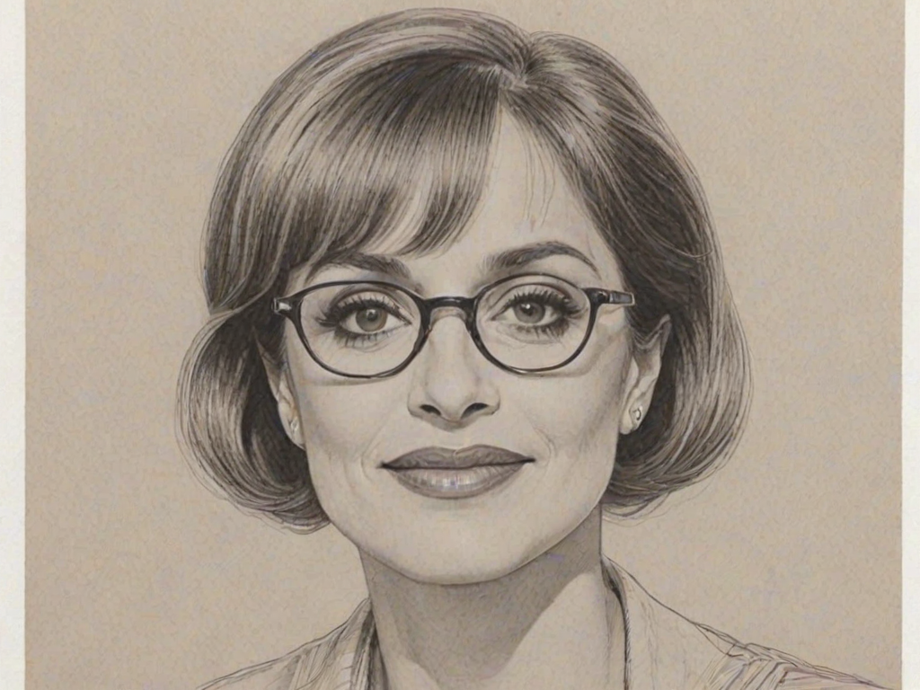 Charming Patti LuPone, pencil sketch, portrait of Appealing woman 1960s in glasses, hair style beatnik, outline, clear lines, fine lines, 8k